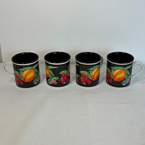 Vintage 1992 Fruit Print Mug Ser‎ of 4 Black Peach Cherry Farmhouse Cottagecore